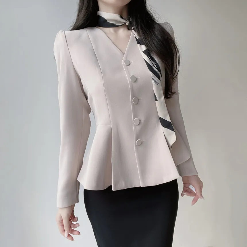 Vネックノーカラー肩パッドペプラムパフスリーブ長袖ジャケットスカーフ付 | mirangmirang | 詳細画像17