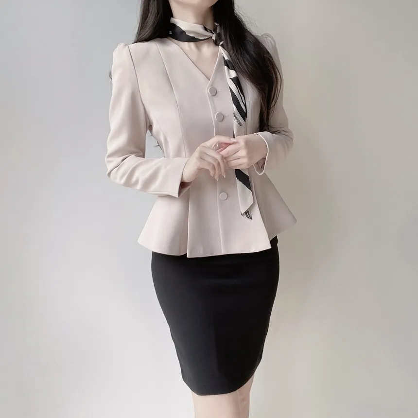 Vネックノーカラー肩パッドペプラムパフスリーブ長袖ジャケットスカーフ付 | mirangmirang | 詳細画像18