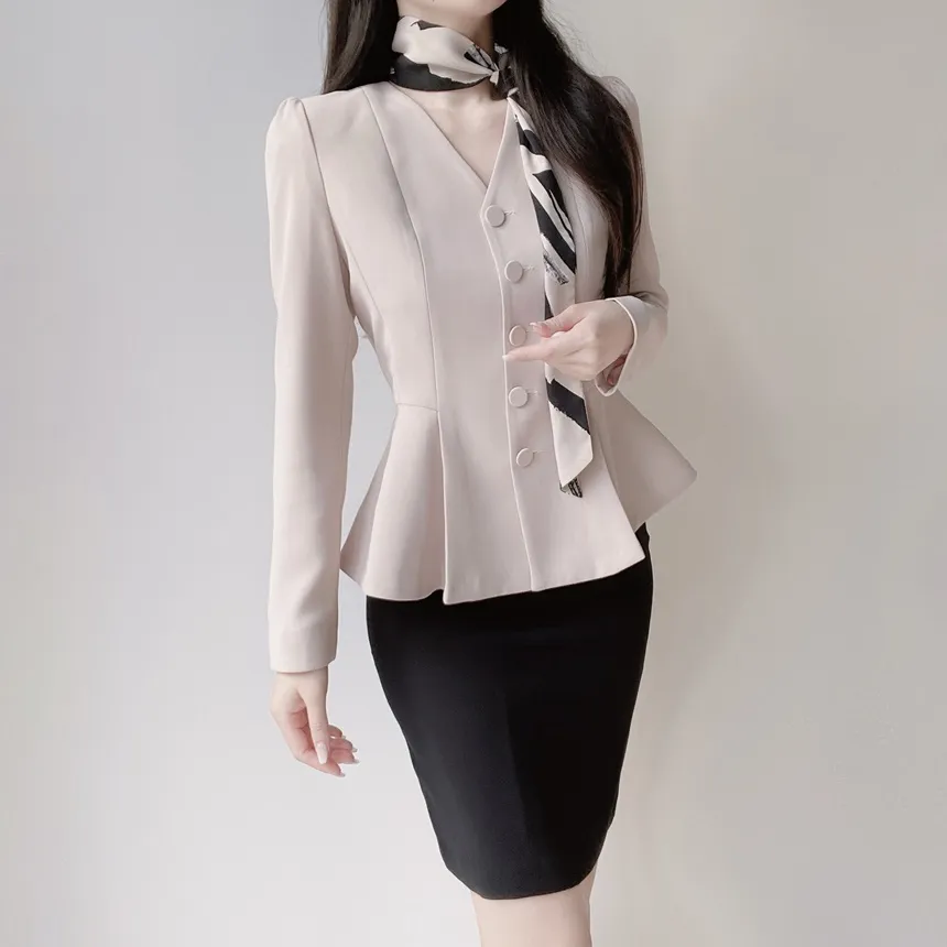 Vネックノーカラー肩パッドペプラムパフスリーブ長袖ジャケットスカーフ付 | mirangmirang | 詳細画像19