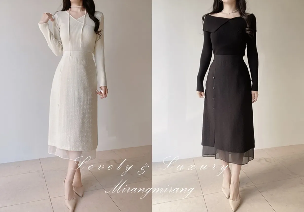 スリットバックゴムレイヤード風フェイクボタン刺繍スカート | mirangmirang | 詳細画像1