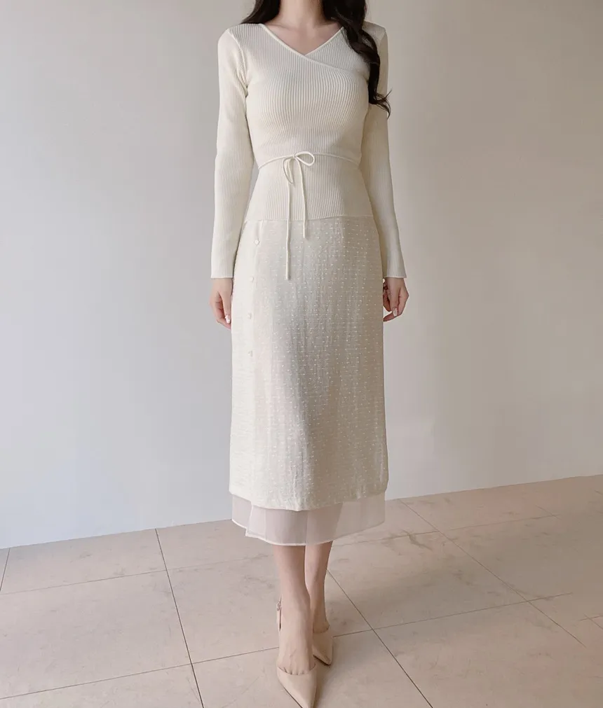 スリットバックゴムレイヤード風フェイクボタン刺繍スカート | mirangmirang | 詳細画像9