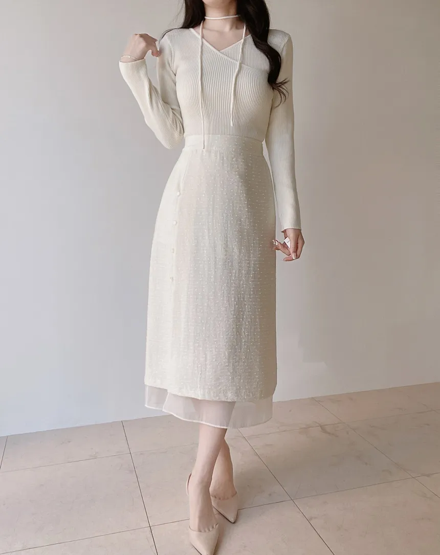 スリットバックゴムレイヤード風フェイクボタン刺繍スカート | mirangmirang | 詳細画像10