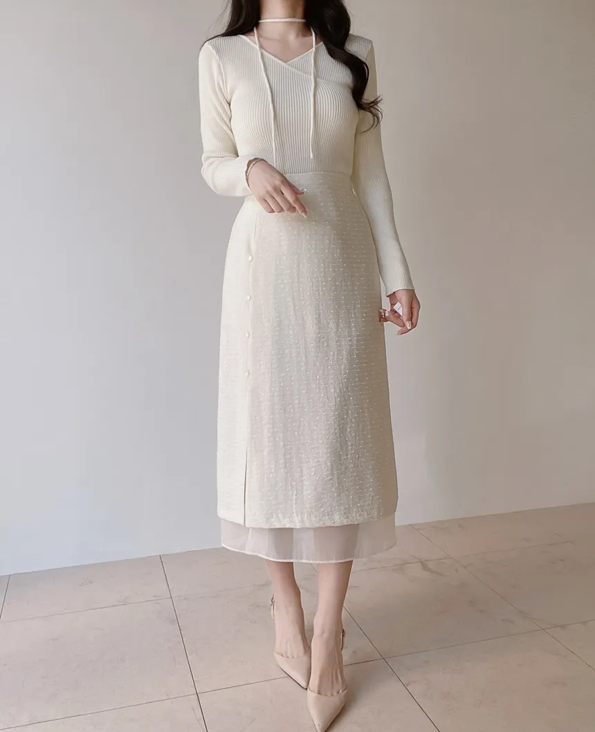 スリットバックゴムレイヤード風フェイクボタン刺繍スカート | mirangmirang | 詳細画像11