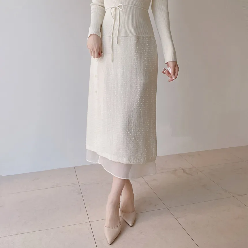 スリットバックゴムレイヤード風フェイクボタン刺繍スカート | mirangmirang | 詳細画像14