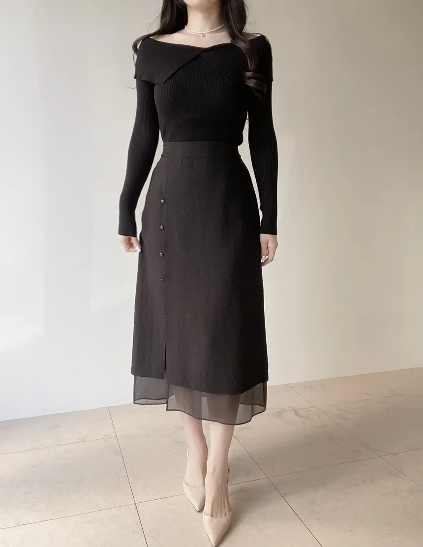 スリットバックゴムレイヤード風フェイクボタン刺繍スカート | mirangmirang | 詳細画像15