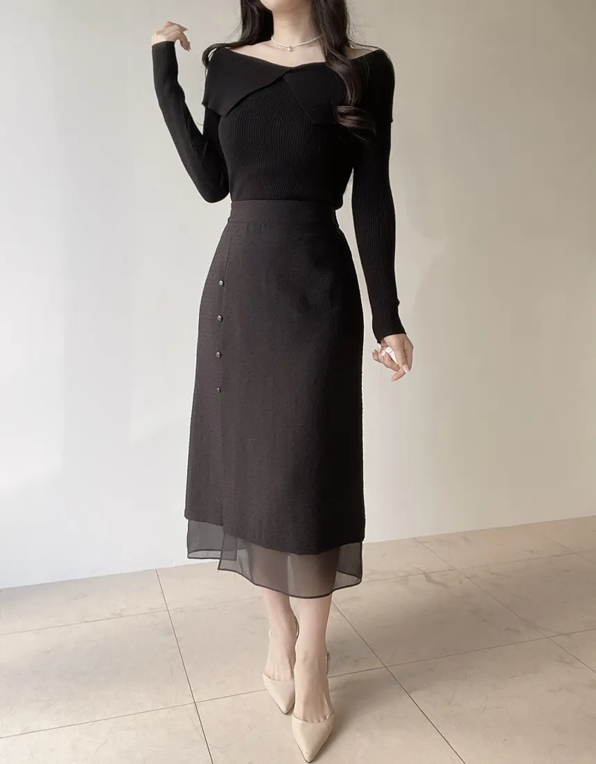 スリットバックゴムレイヤード風フェイクボタン刺繍スカート | mirangmirang | 詳細画像16