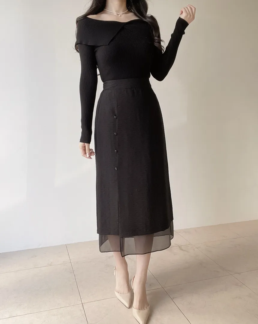 スリットバックゴムレイヤード風フェイクボタン刺繍スカート | mirangmirang | 詳細画像17