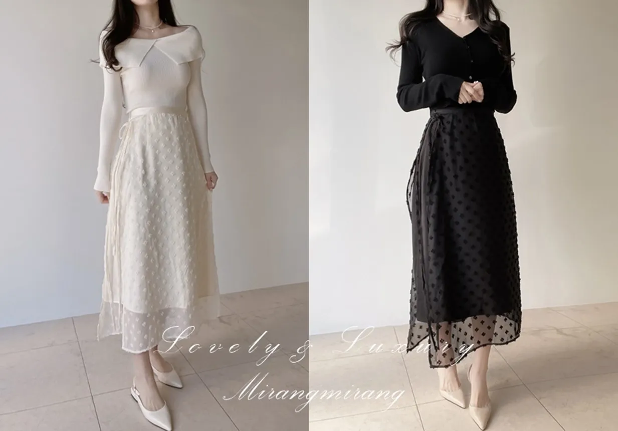 ラップ調リボン(固定)サイドジップロング花柄刺繍スカート | mirangmirang | 詳細画像1