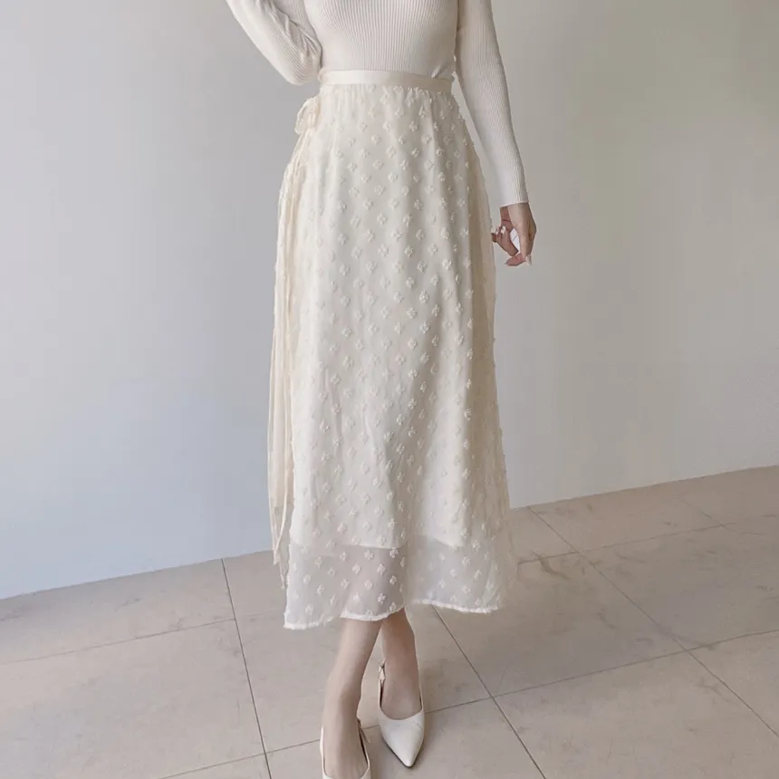 ラップ調リボン(固定)サイドジップロング花柄刺繍スカート | mirangmirang | 詳細画像3