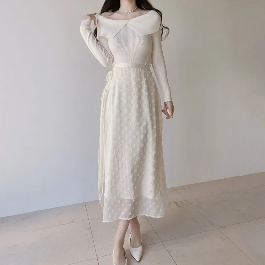 ラップ調リボン(固定)サイドジップロング花柄刺繍スカート | mirangmirang | 詳細画像4