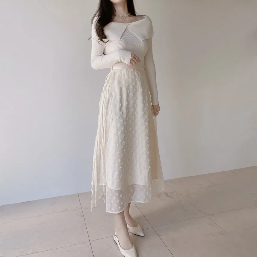 ラップ調リボン(固定)サイドジップロング花柄刺繍スカート | mirangmirang | 詳細画像6