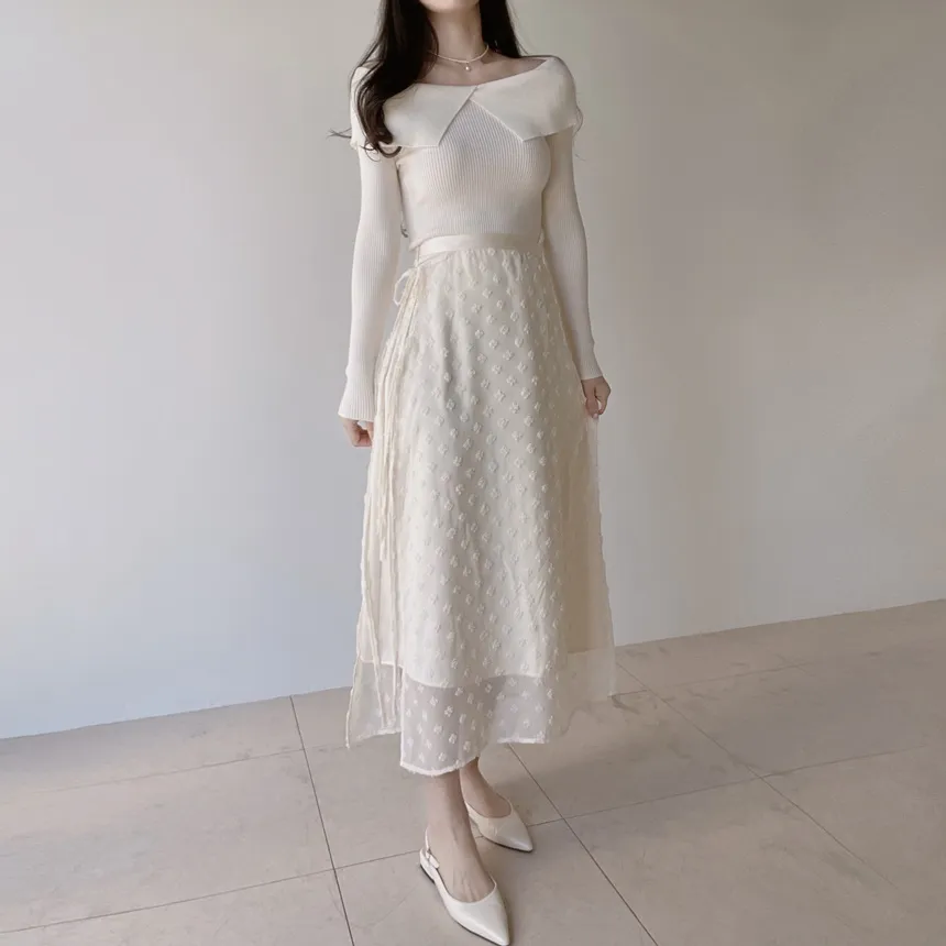 ラップ調リボン(固定)サイドジップロング花柄刺繍スカート | mirangmirang | 詳細画像7