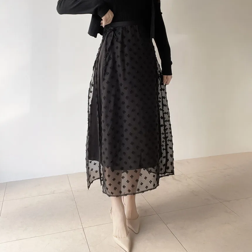 ラップ調リボン(固定)サイドジップロング花柄刺繍スカート | mirangmirang | 詳細画像13