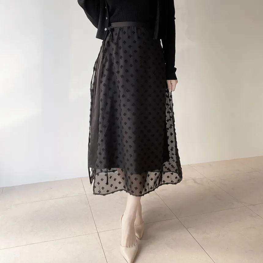 ラップ調リボン(固定)サイドジップロング花柄刺繍スカート | mirangmirang | 詳細画像16