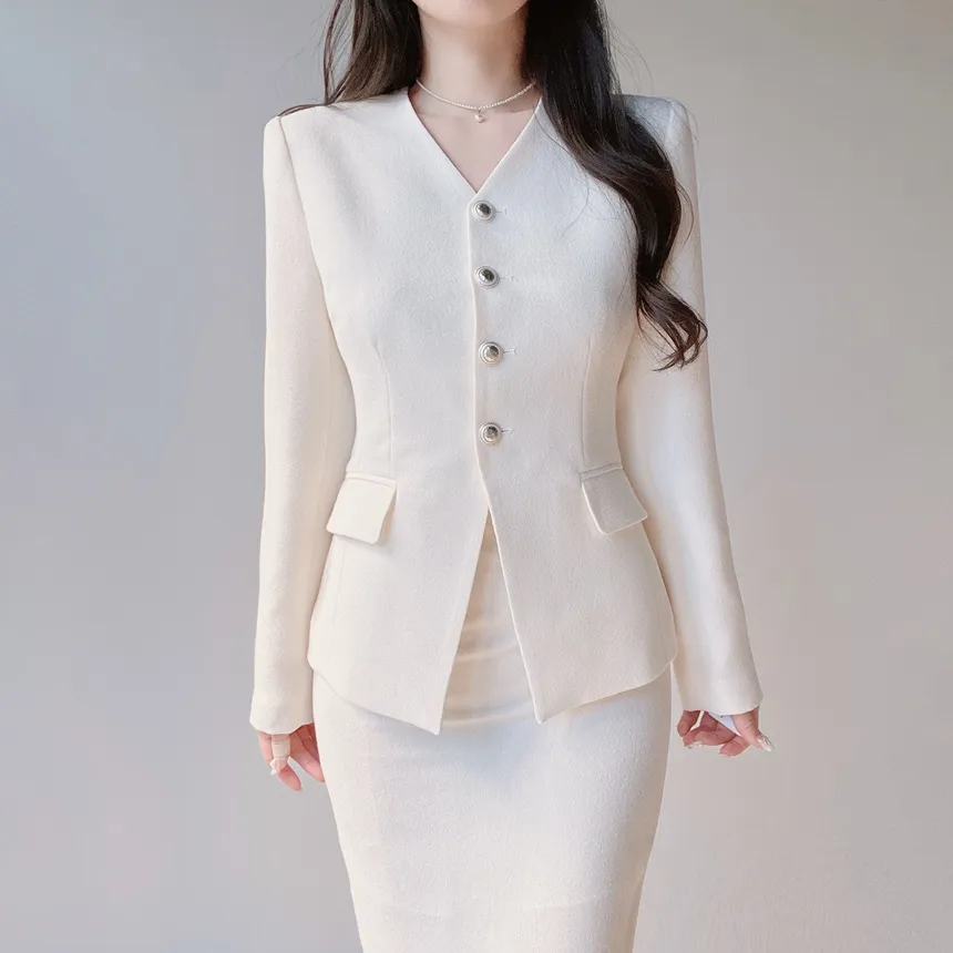 ツイードVネック肩パッドフェイクポケットジャケット | mirangmirang | 詳細画像2