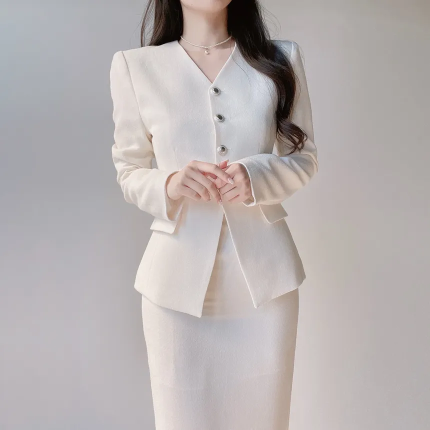 ツイードVネック肩パッドフェイクポケットジャケット | mirangmirang | 詳細画像3