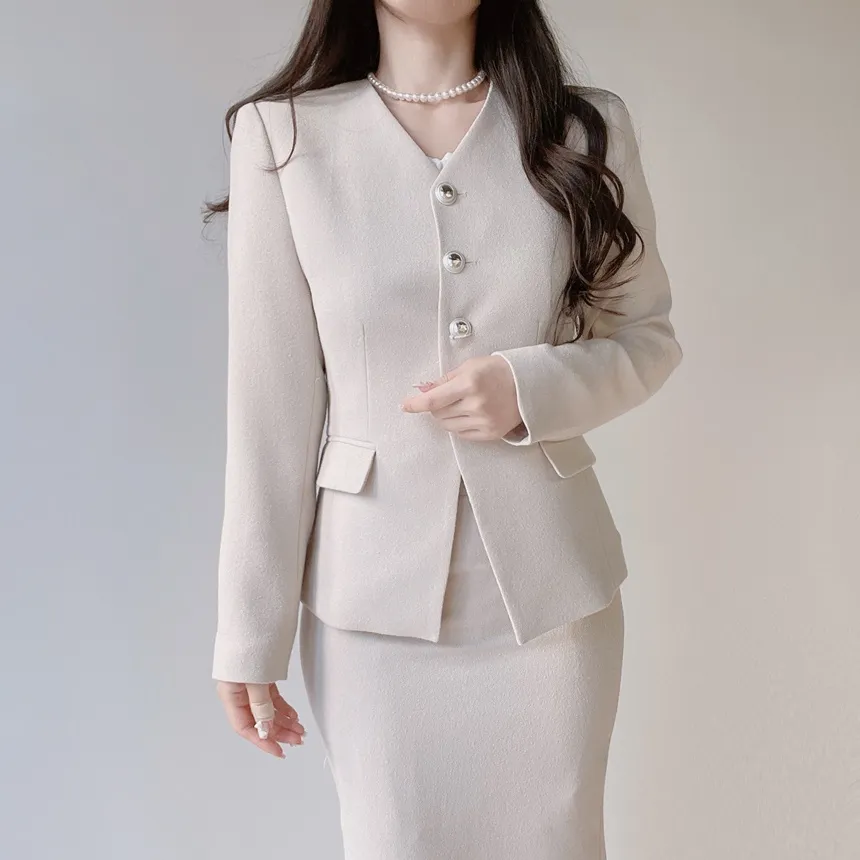 ツイードVネック肩パッドフェイクポケットジャケット | mirangmirang | 詳細画像55