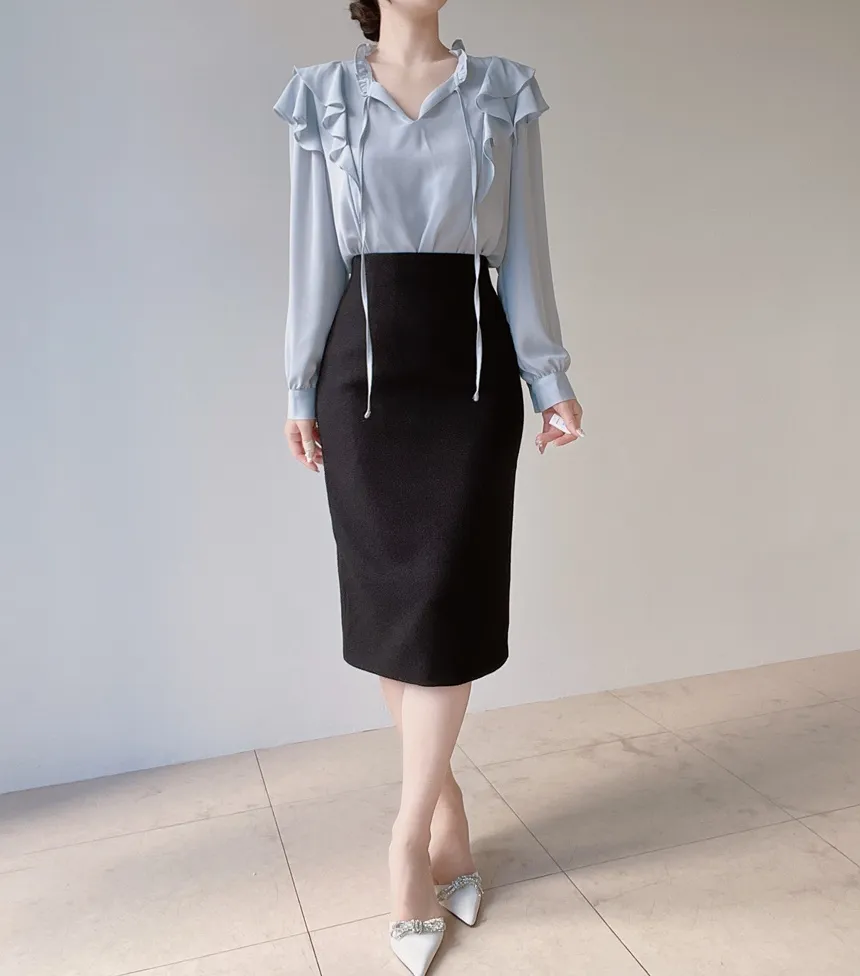 ツイードラウンドネックパール調ボタン肩パッドペプラムジャケットスカーフ付 | mirangmirang | 詳細画像25