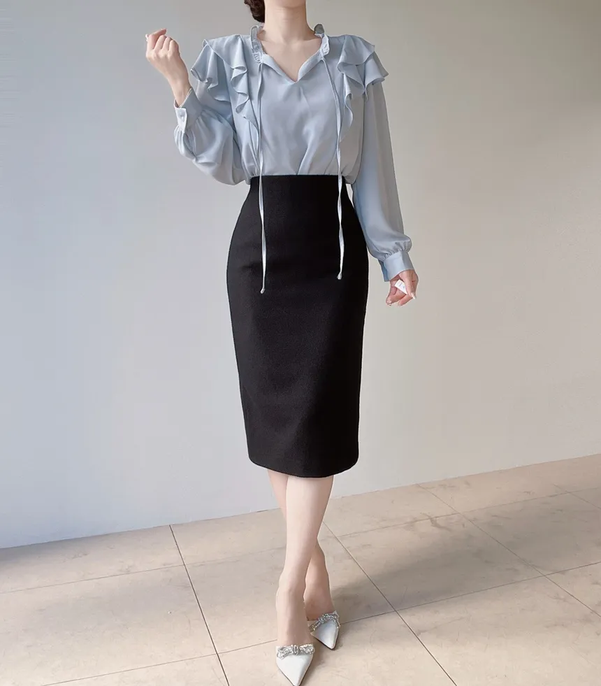 ツイードラウンドネックパール調ボタン肩パッドペプラムジャケットスカーフ付 | mirangmirang | 詳細画像27