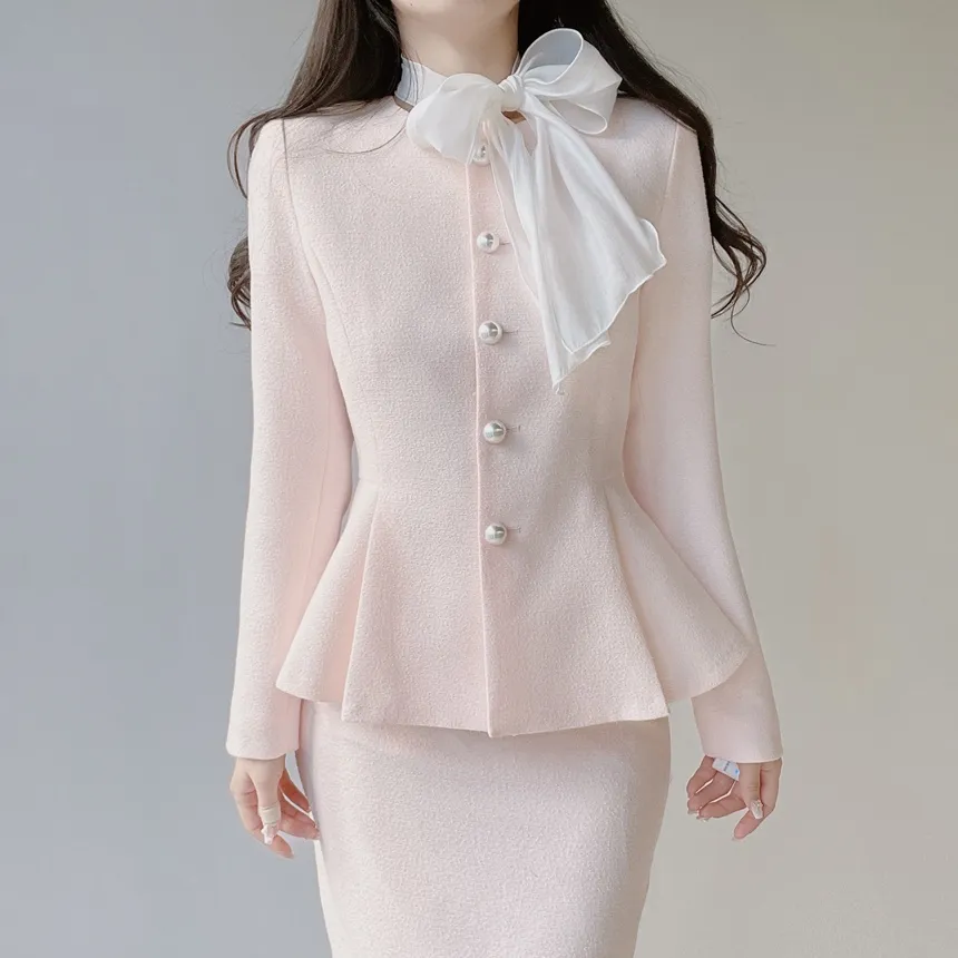 ツイードラウンドネックパール調ボタン肩パッドペプラムジャケットスカーフ付 | mirangmirang | 詳細画像46