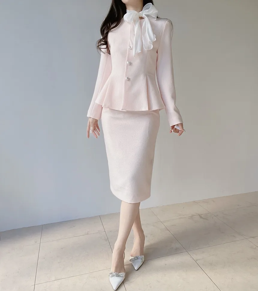 ツイードラウンドネックパール調ボタン肩パッドペプラムジャケットスカーフ付 | mirangmirang | 詳細画像48