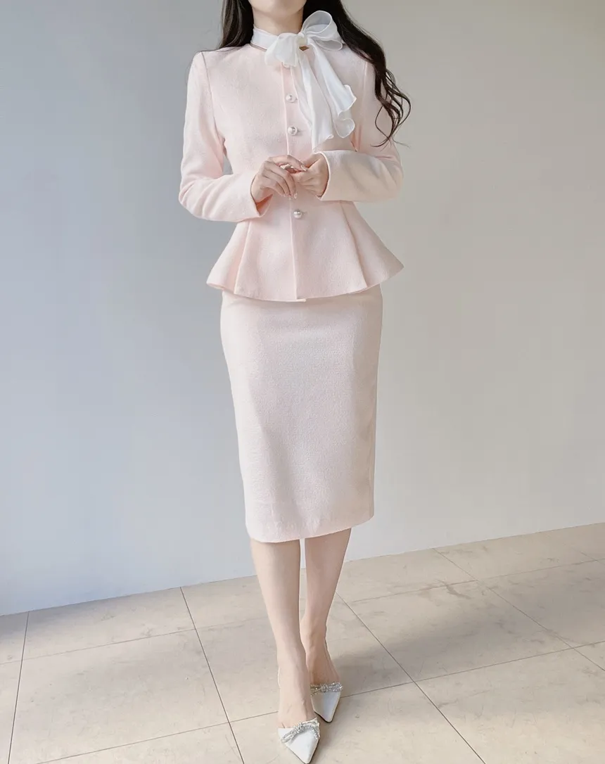 ツイードラウンドネックパール調ボタン肩パッドペプラムジャケットスカーフ付 | mirangmirang | 詳細画像49