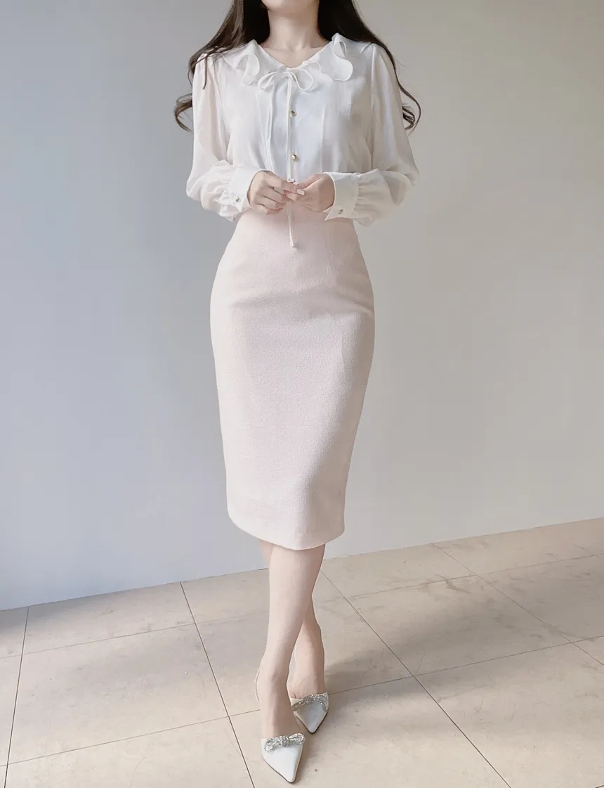 ツイードラウンドネックパール調ボタン肩パッドペプラムジャケットスカーフ付 | mirangmirang | 詳細画像54