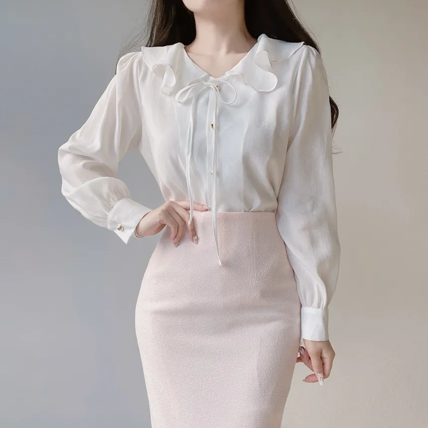 ツイードラウンドネックパール調ボタン肩パッドペプラムジャケットスカーフ付 | mirangmirang | 詳細画像56