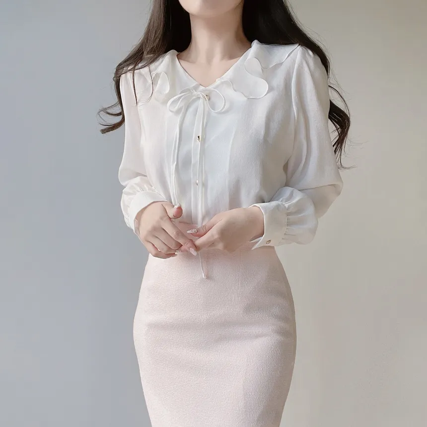 ツイードラウンドネックパール調ボタン肩パッドペプラムジャケットスカーフ付 | mirangmirang | 詳細画像57