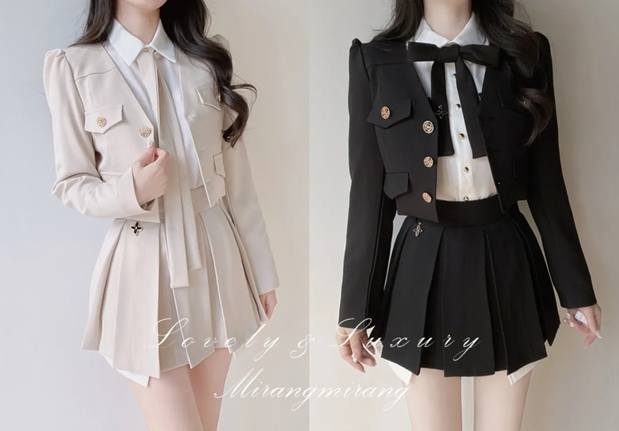 Vネックゴールドボタンクロップドフェイクポケットジャケット | mirangmirang | 詳細画像1