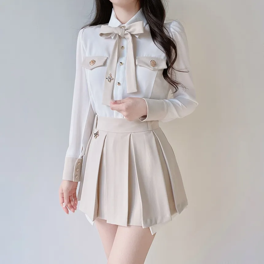 ゴールドボタンフェイクポケット長袖カラー配色ブラウスストラップ付 | mirangmirang | 詳細画像4