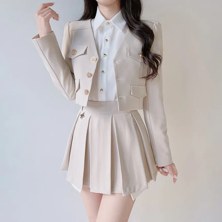 ゴールドボタンフェイクポケット長袖カラー配色ブラウスストラップ付 | mirangmirang | 詳細画像15