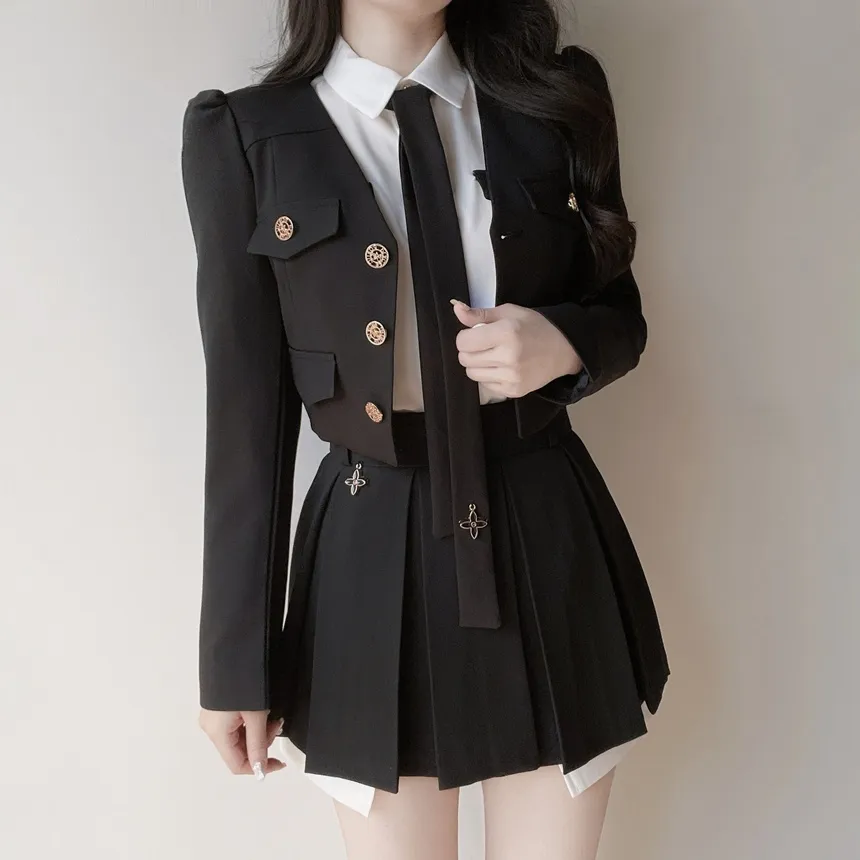 ゴールドボタンフェイクポケット長袖カラー配色ブラウスストラップ付 | mirangmirang | 詳細画像30