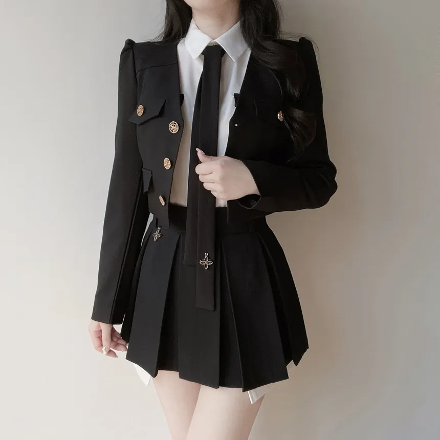 ゴールドボタンフェイクポケット長袖カラー配色ブラウスストラップ付 | mirangmirang | 詳細画像31