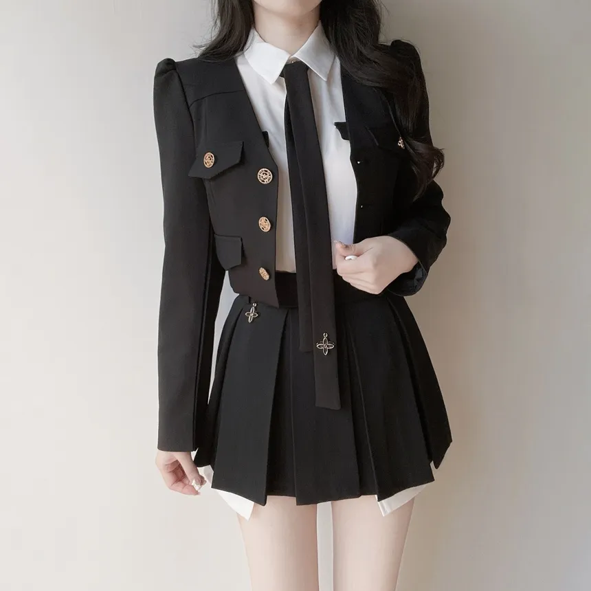 ゴールドボタンフェイクポケット長袖カラー配色ブラウスストラップ付 | mirangmirang | 詳細画像32