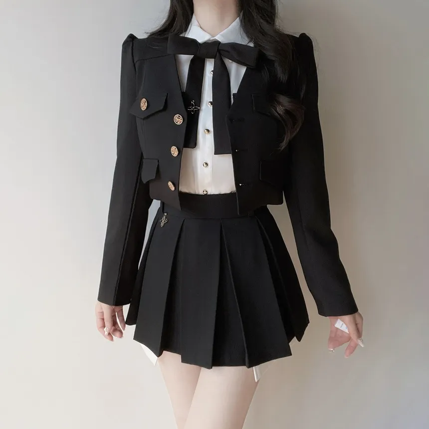 ゴールドボタンフェイクポケット長袖カラー配色ブラウスストラップ付 | mirangmirang | 詳細画像34