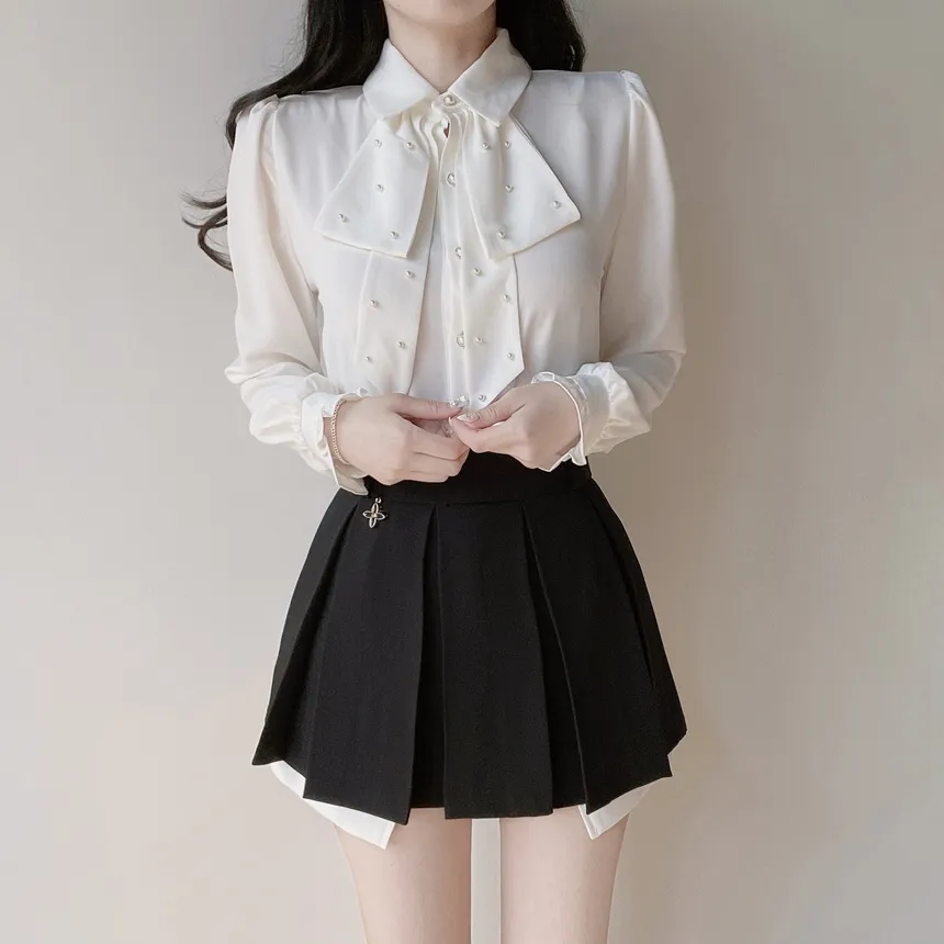 ゴールドボタンフェイクポケット長袖カラー配色ブラウスストラップ付 | mirangmirang | 詳細画像39