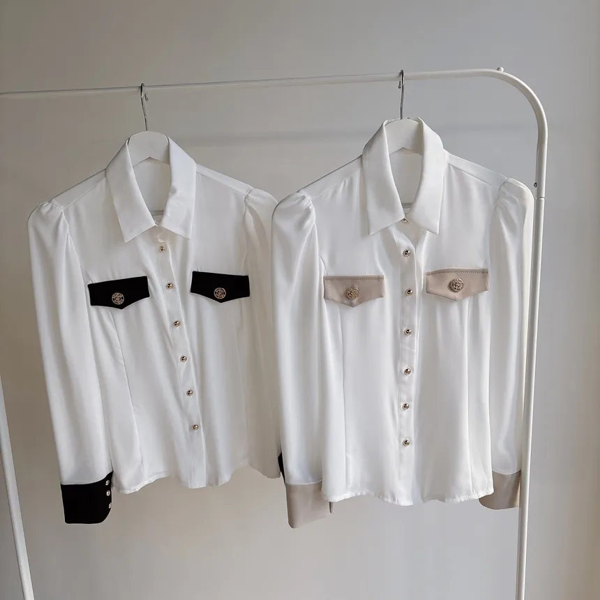 ゴールドボタンフェイクポケット長袖カラー配色ブラウスストラップ付 | mirangmirang | 詳細画像43