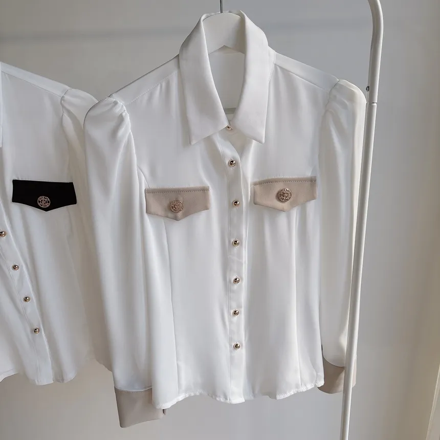 ゴールドボタンフェイクポケット長袖カラー配色ブラウスストラップ付 | mirangmirang | 詳細画像44