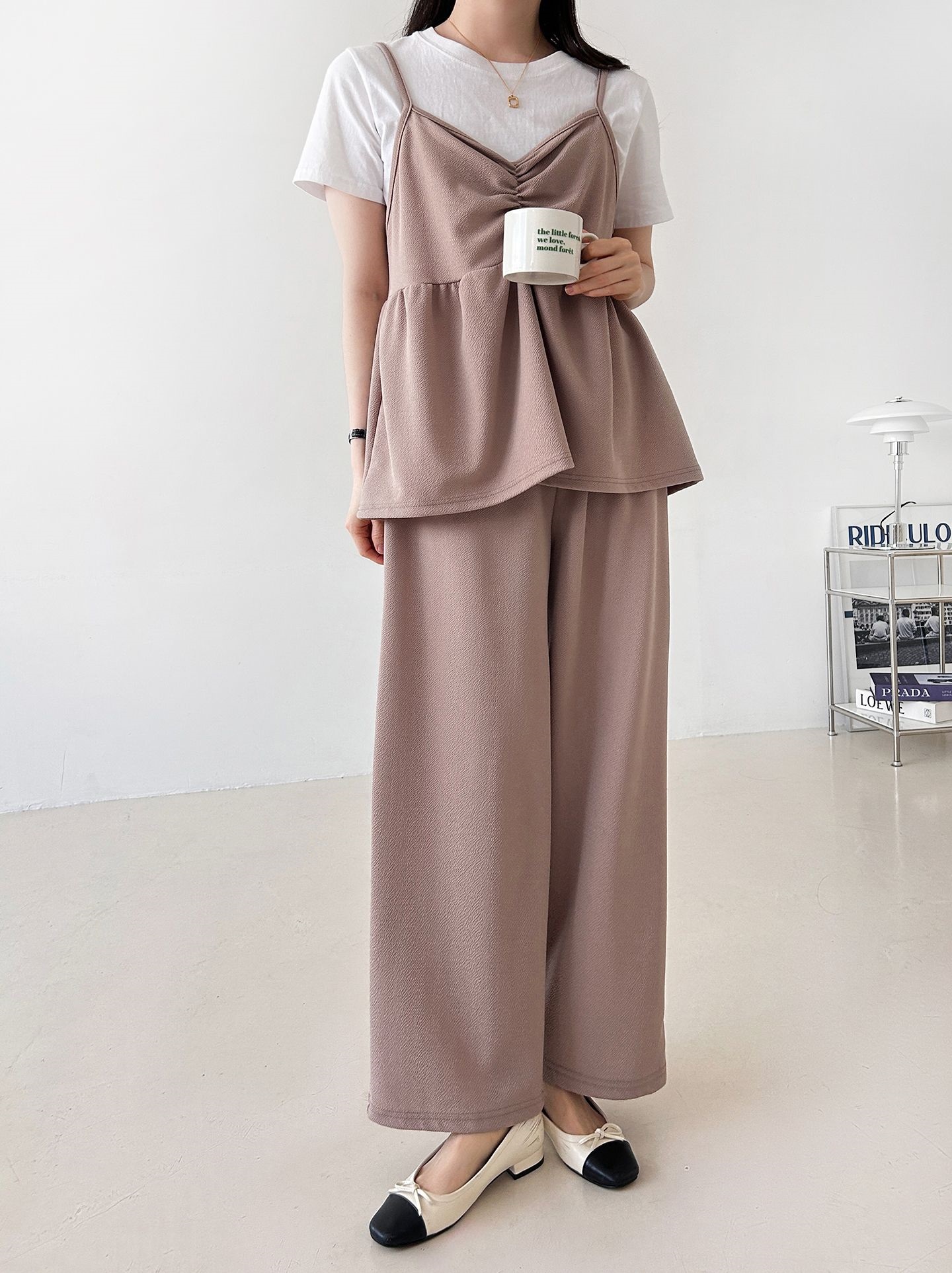 Vネックウエストゴムギャザーワイドセットアップパンツベスト | 詳細画像3