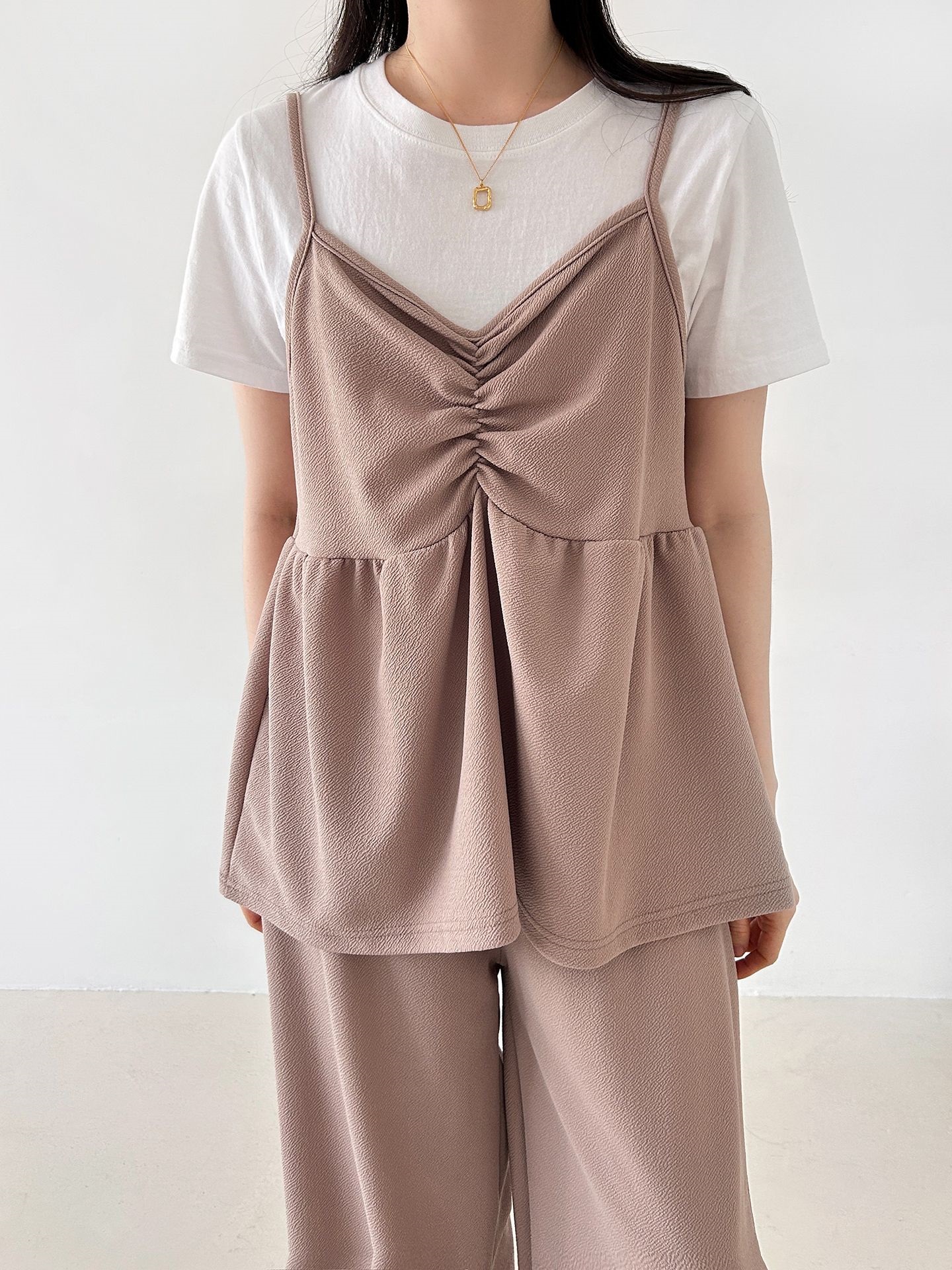 Vネックウエストゴムギャザーワイドセットアップパンツベスト | 詳細画像4