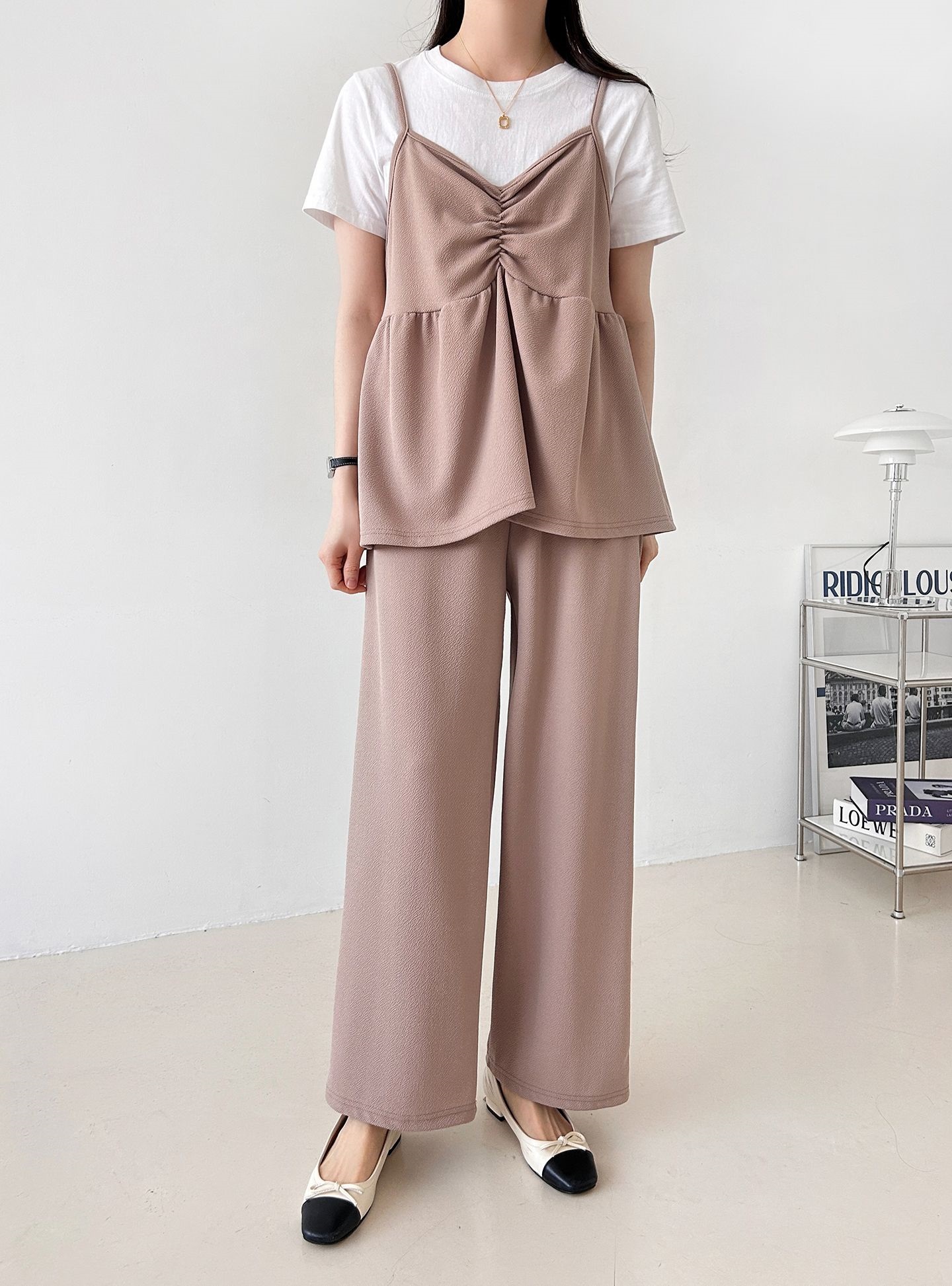 Vネックウエストゴムギャザーワイドセットアップパンツベスト | 詳細画像5