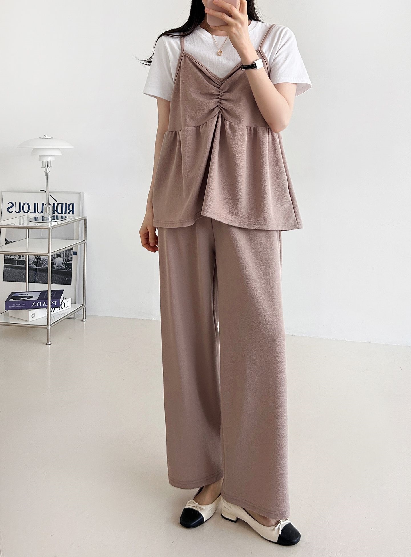 Vネックウエストゴムギャザーワイドセットアップパンツベスト | 詳細画像6