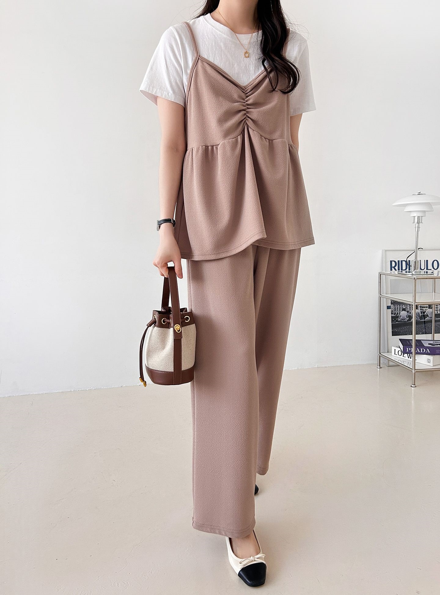 Vネックウエストゴムギャザーワイドセットアップパンツベスト | 詳細画像7