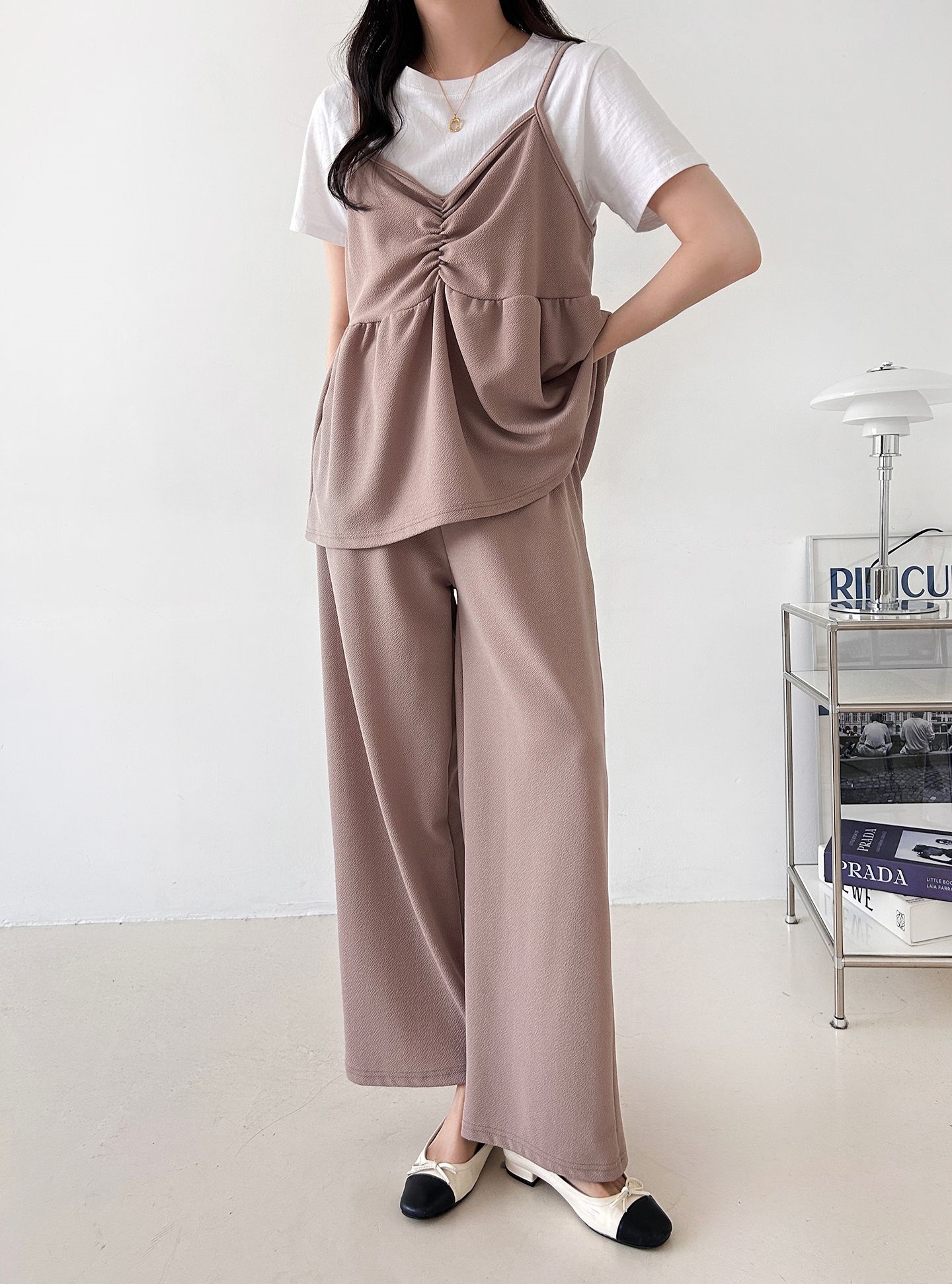 Vネックウエストゴムギャザーワイドセットアップパンツベスト | 詳細画像8