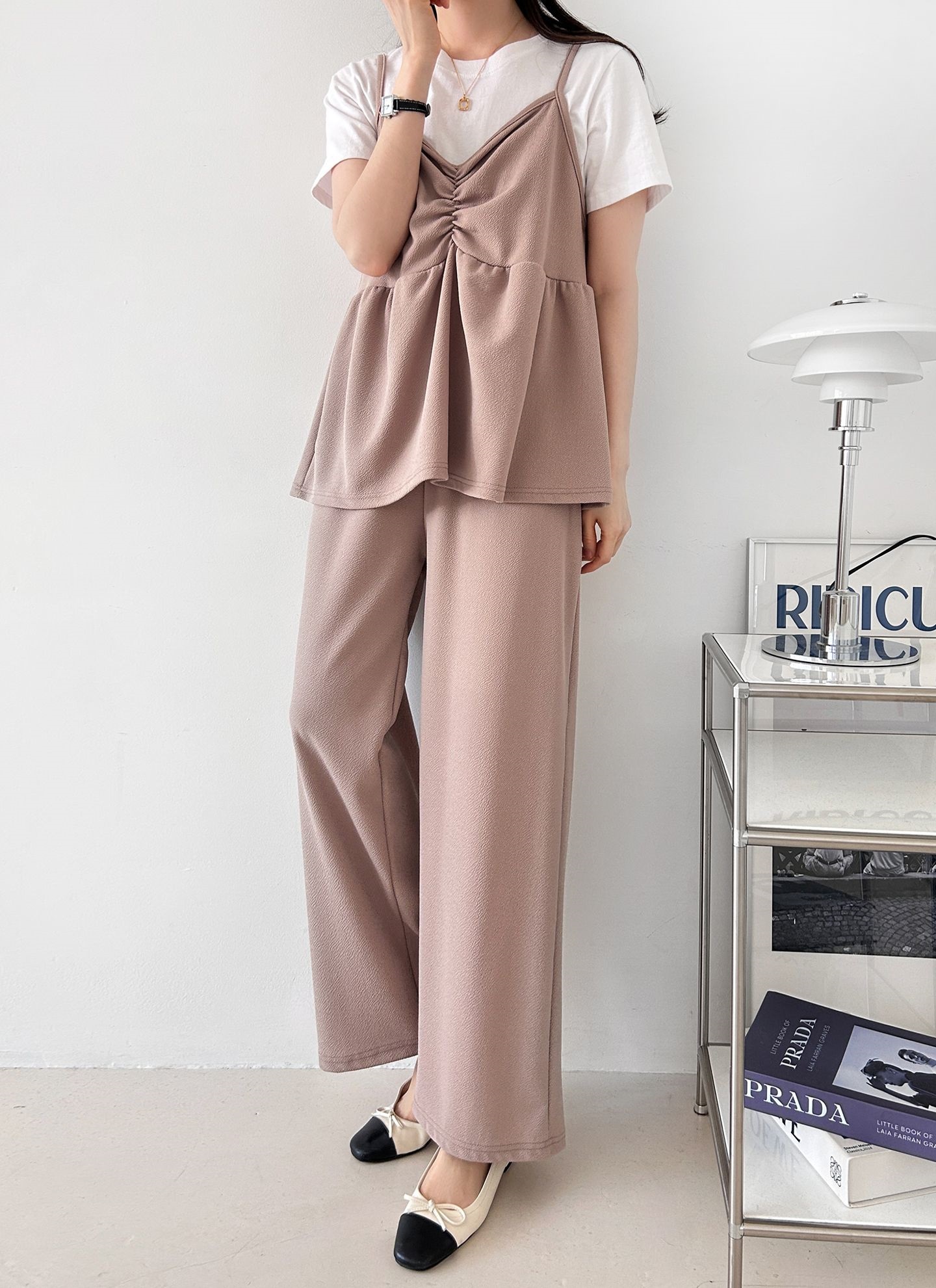 Vネックウエストゴムギャザーワイドセットアップパンツベスト | 詳細画像9