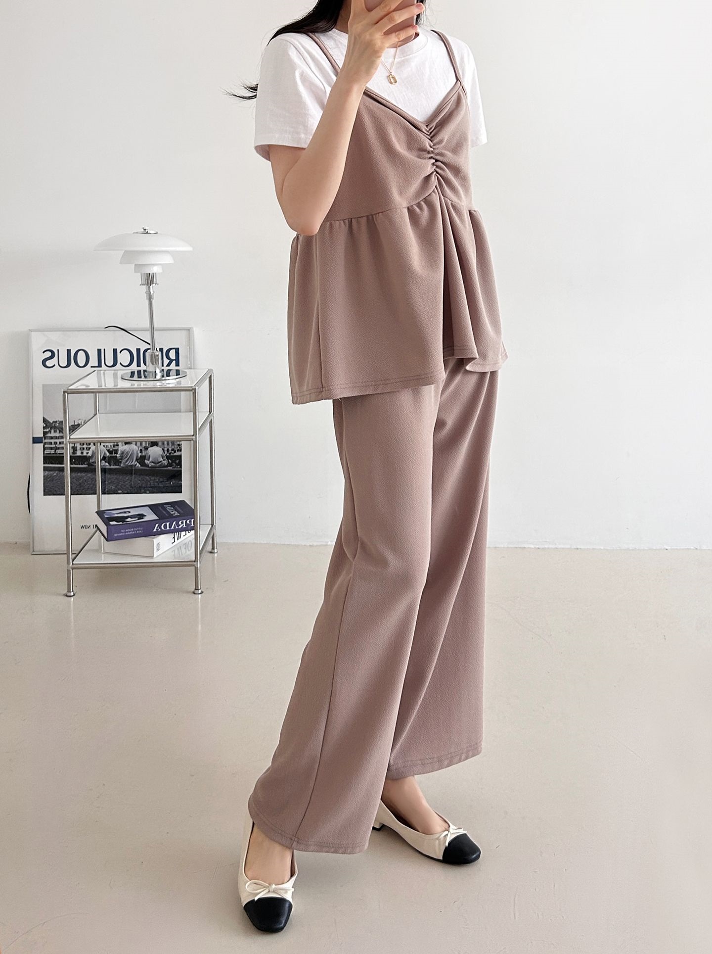 Vネックウエストゴムギャザーワイドセットアップパンツベスト | 詳細画像10