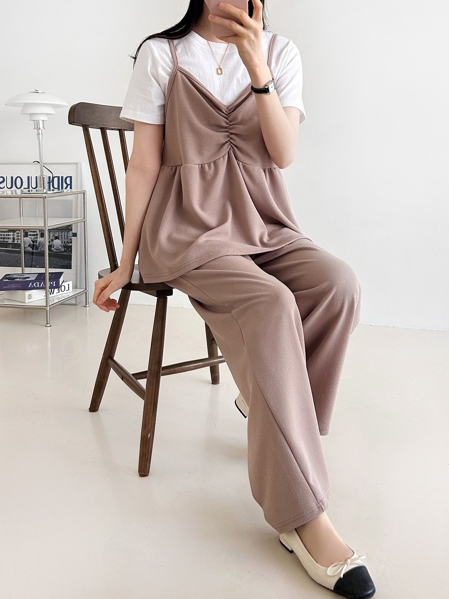 Vネックウエストゴムギャザーワイドセットアップパンツベスト | 詳細画像11