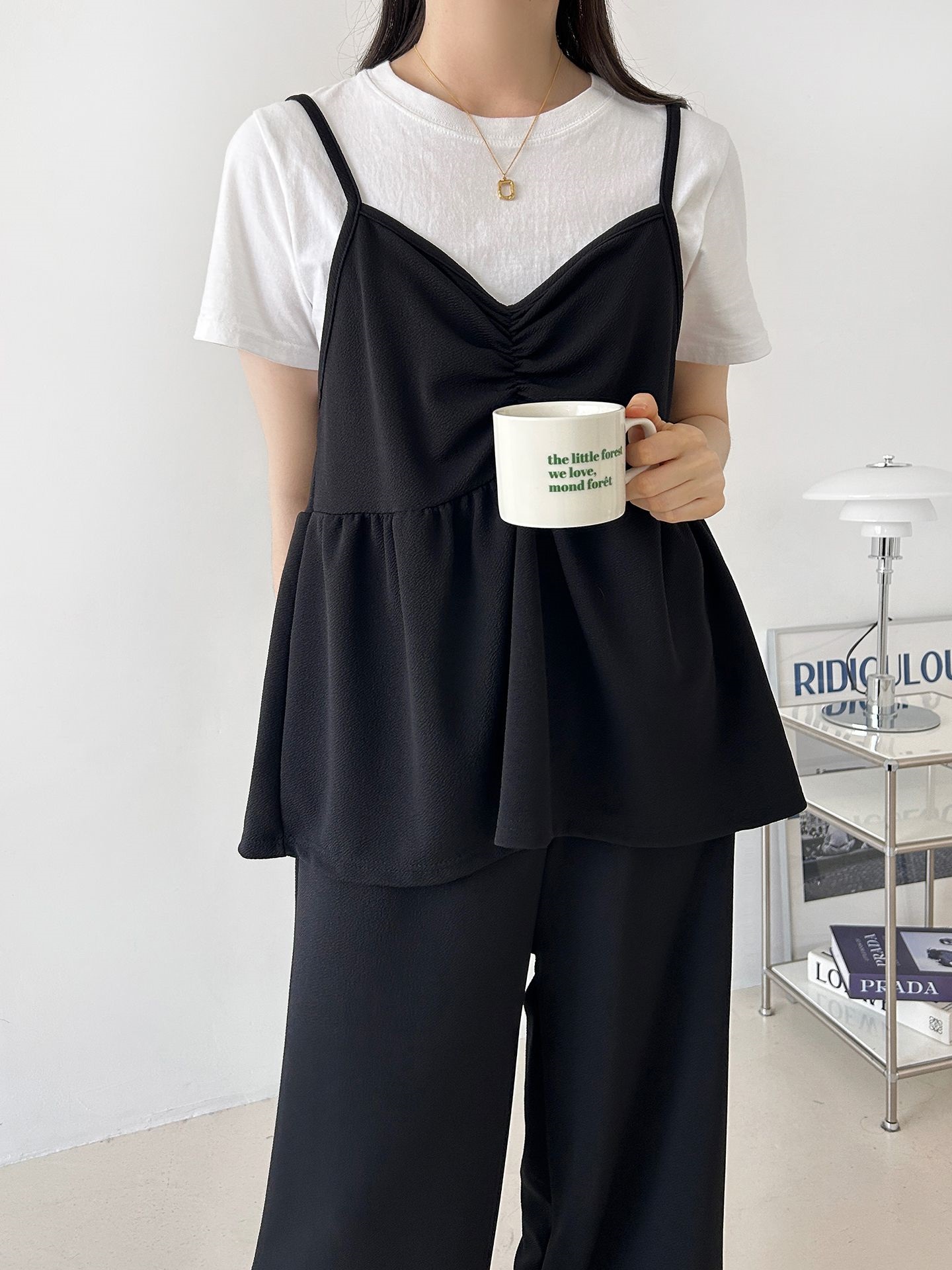 Vネックウエストゴムギャザーワイドセットアップパンツベスト | 詳細画像12