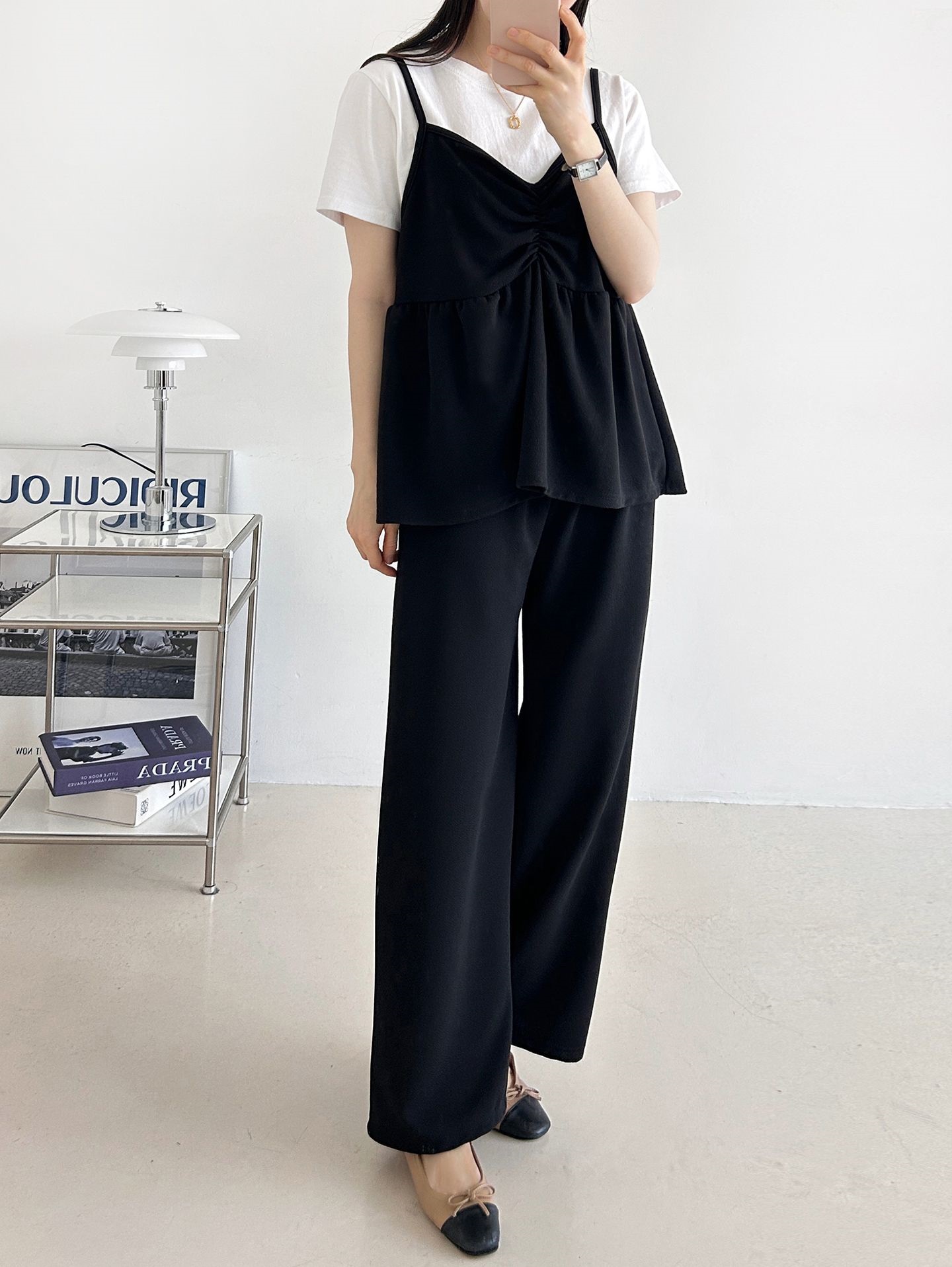Vネックウエストゴムギャザーワイドセットアップパンツベスト | 詳細画像13